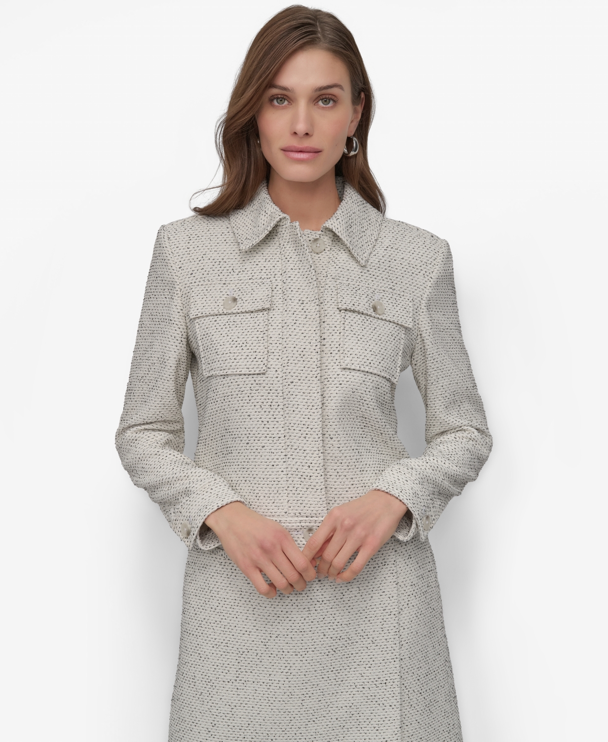 Women's Button-Front Long-Sleeve Crop Jacket - Ivory/black