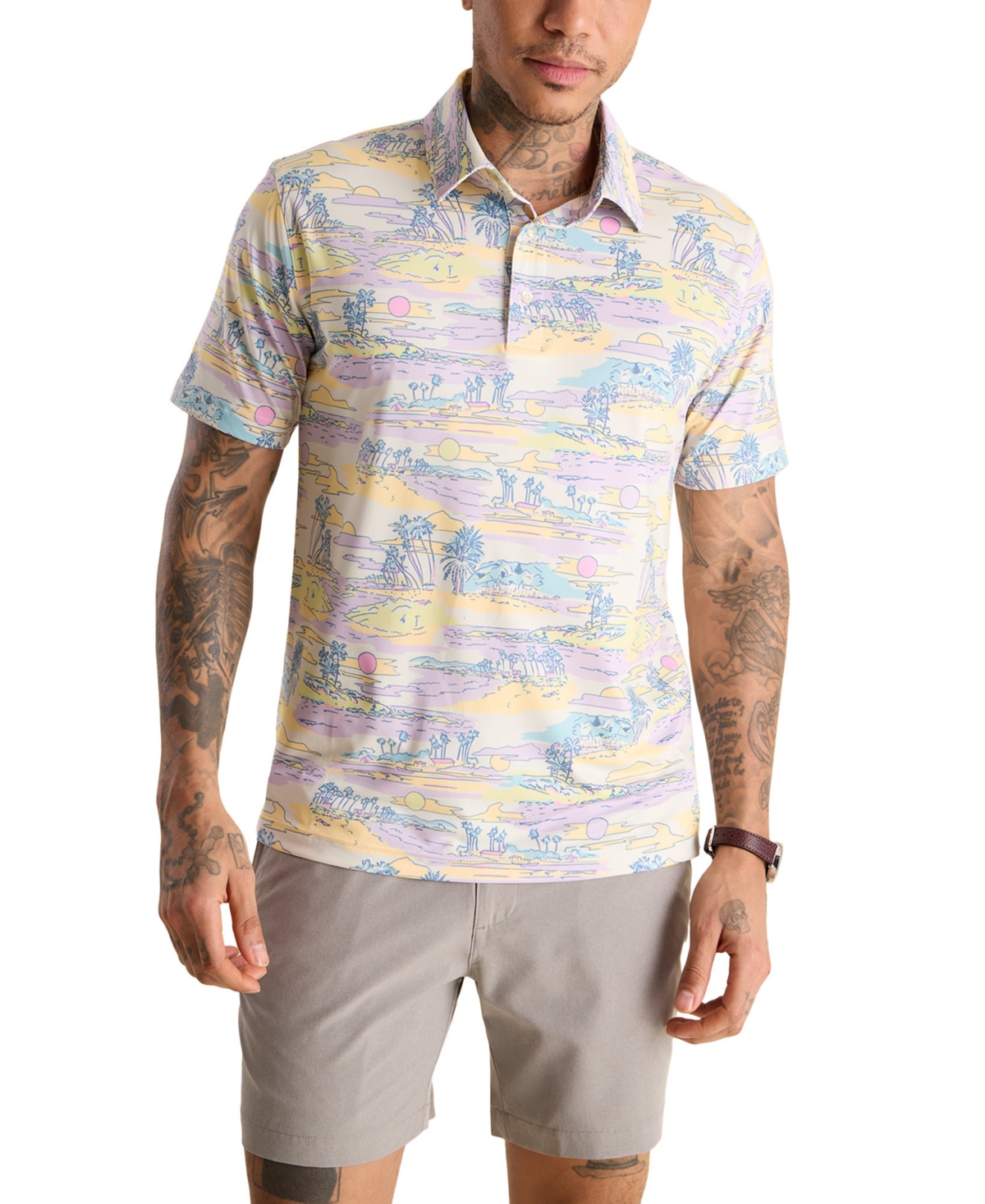 Men's The Kiss and Pastel Short Sleeve Island Print Polo Shirt - Light Purple