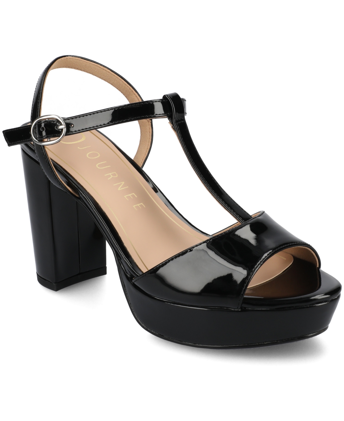 Journee Collection Women's Nalie T-Strap Platform Dress Sandals - Black Patent