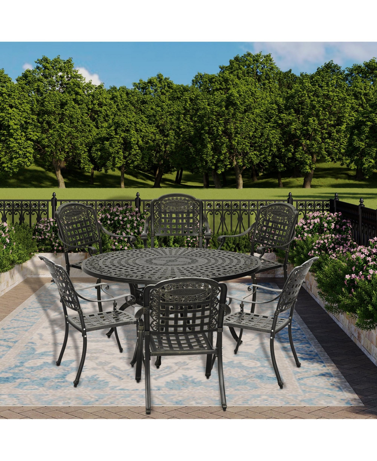 7pcs Patio Dining Set Cast Aluminium Outdoor Dining Set Patio Bistro Set 6 Outdoor Dining Chairs and 59 Inches Round Dining Table