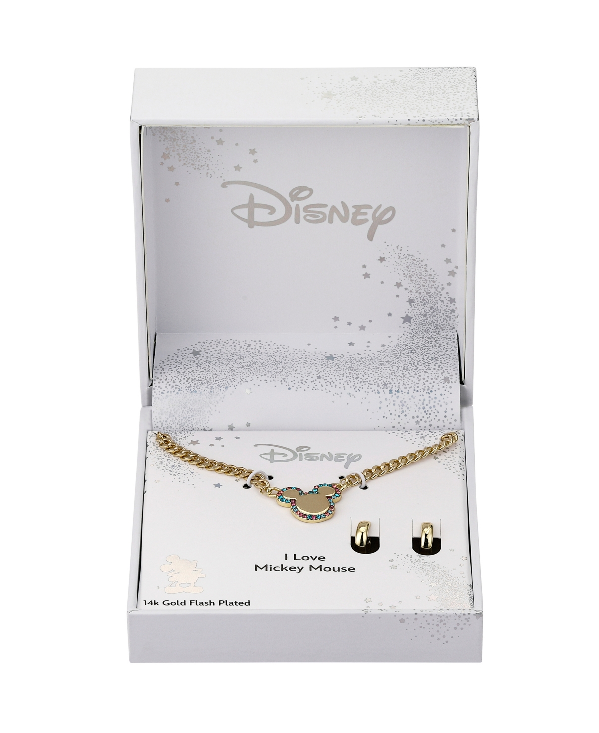 Disney Multi Color Crystal Mickey Mouse Curb Necklace And Hoop Earring Set In Gold