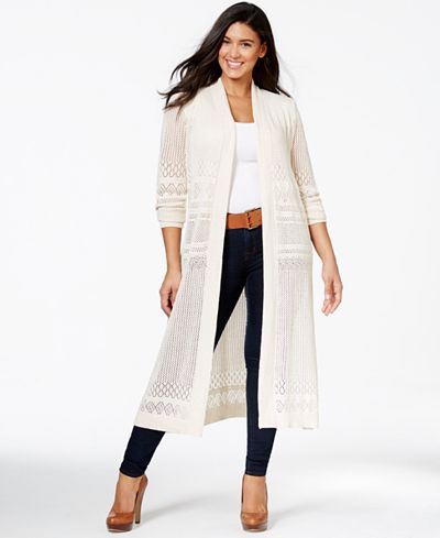 Belldini Plus Size Pointelle-Stitch Duster Cardigan