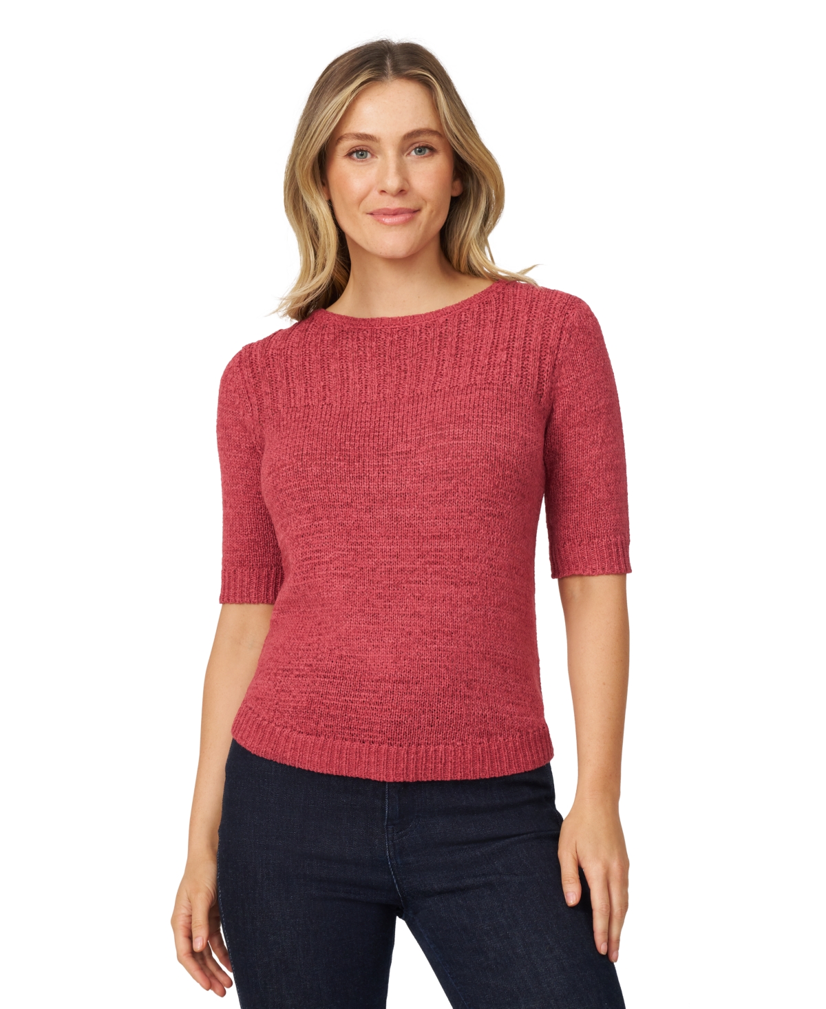 Petite Elbow-Sleeve Ribbed-Yoke Tape Yarn Sweater - Tea