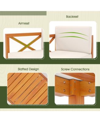 5 PCS Acacia Wood Patio Furniture Set w/ 2-Tier Coffee Table and Cushions