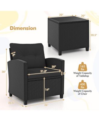 3 PCS Patio Furniture Set w/Tempered Glass Coffee Table Washable Cushions