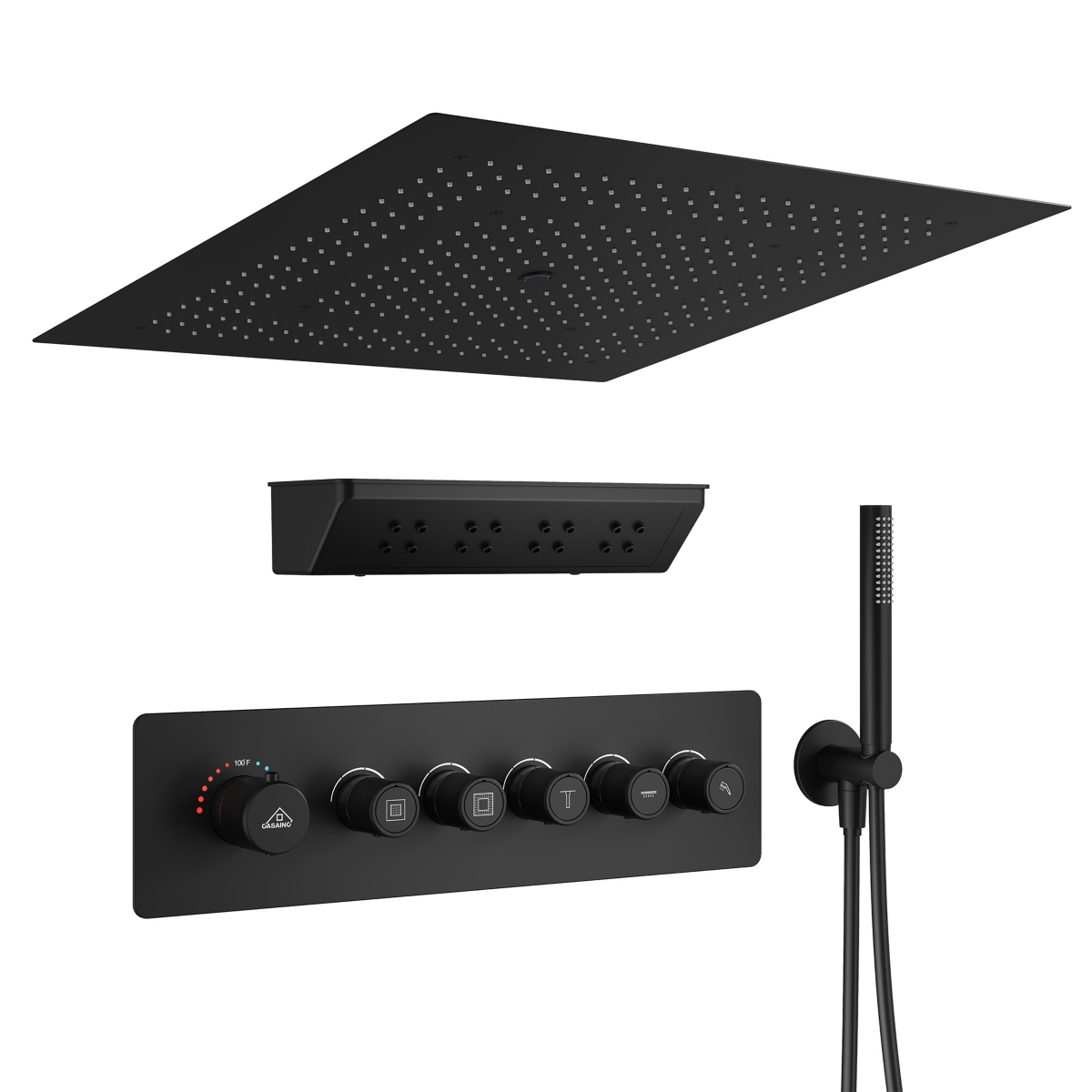24 Inches Luxury 5-Function Thermostatic Shower System with Handheld Shower Rain Showerhead with Neck/Back Massage Spout Spout Shampoo Shelf - Matte b