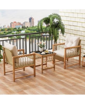 3 Pieces Patio Furniture Set with Acacia Wood Frame Cushions