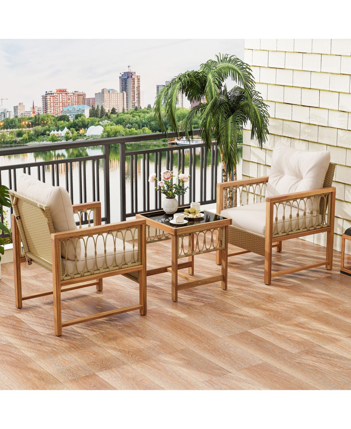 3 Pieces Patio Furniture Set with Acacia Wood Frame Cushions