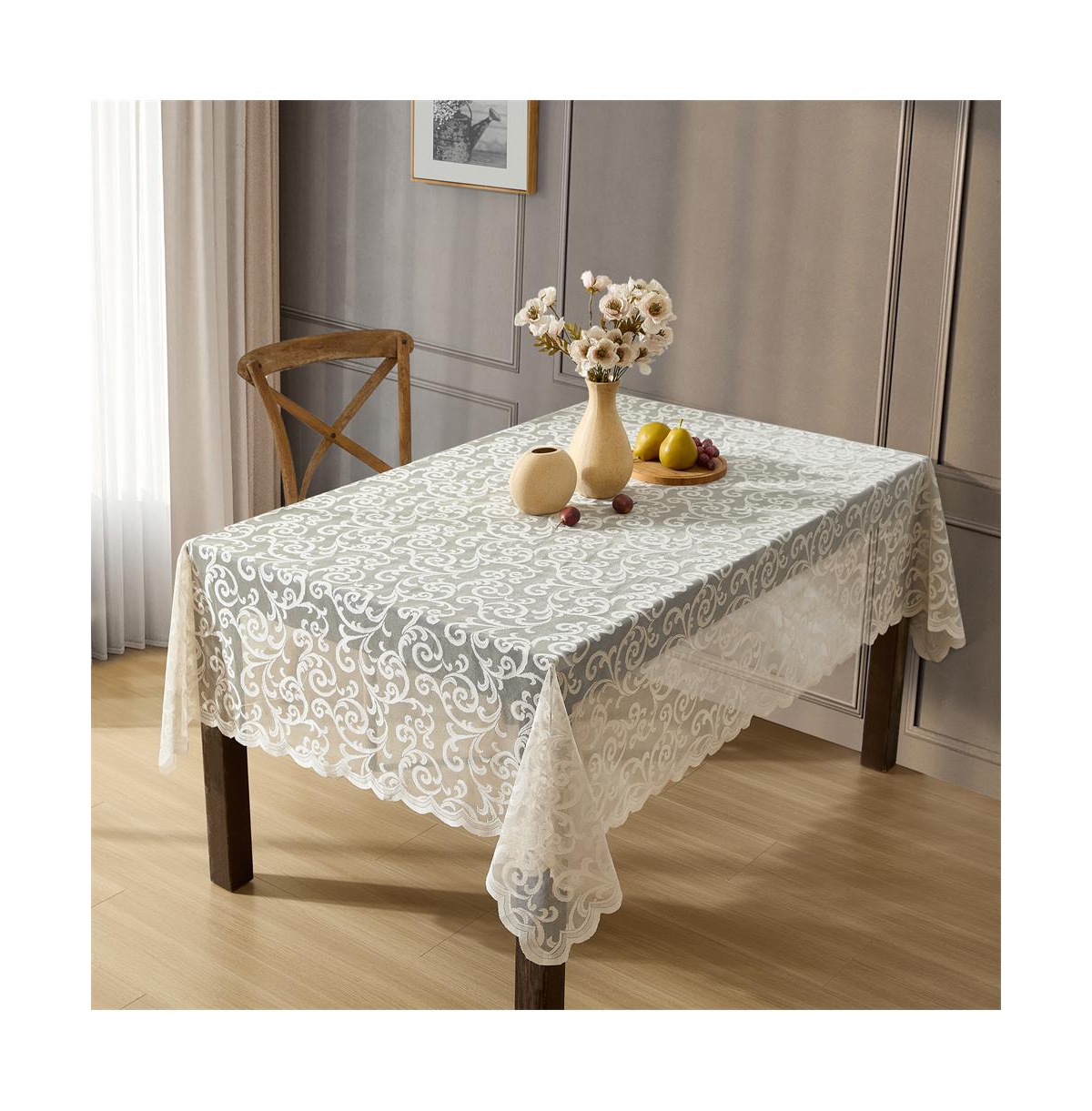 Scroll Lace Fabric Tablecloth, Lace Fabric Table Cloth for Rectangle Tables, Wrinkle Resistant Tablecloth, Patterned Scalloped Tablecloth (60 W