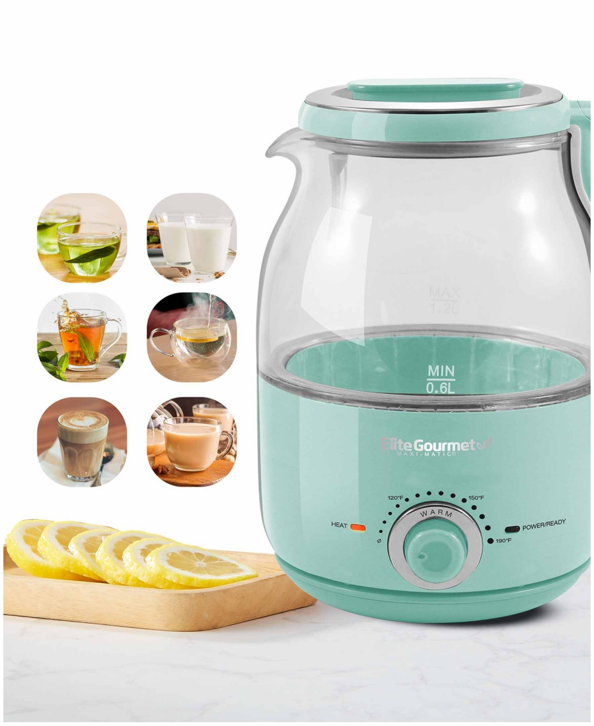 Elite Cuisine 1.25 Quart Adjustable Temperature Electric Honeypot Glass Kettle With Keep Warm In Mint Green