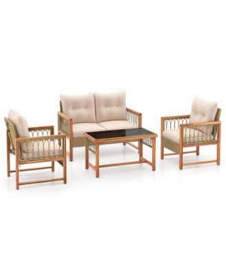 4 Pieces Outdoor Patio PE Wicker Conversation Bistro Set with Acacia Wood Frame