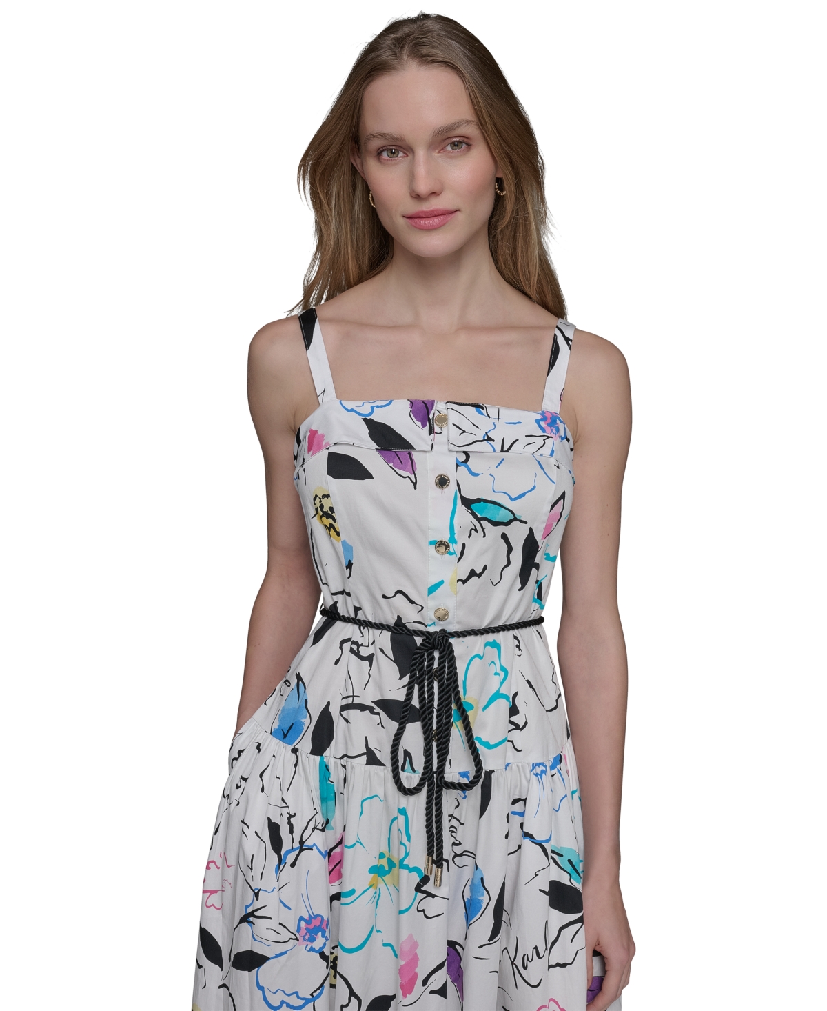 Karl Lagerfeld Women's Printed Square-neck Midi Dress In Sft Wht Mu