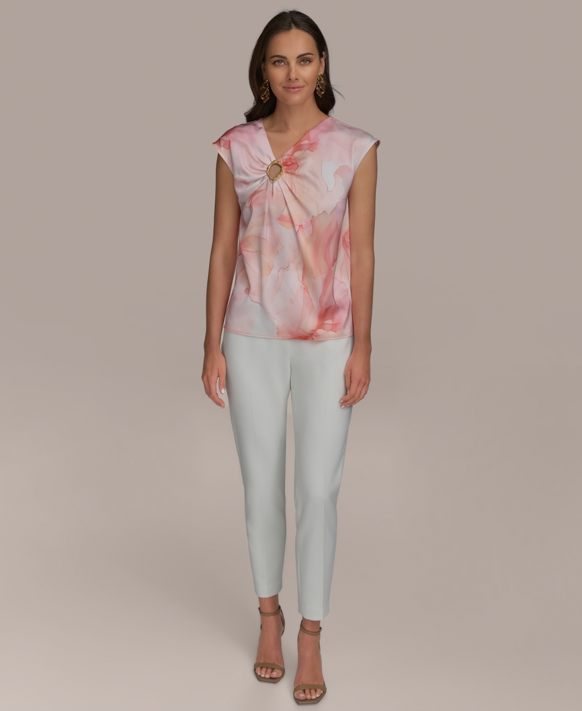 Shop Donna Karan Women's Printed V-neck Blouse In Apricot Multi