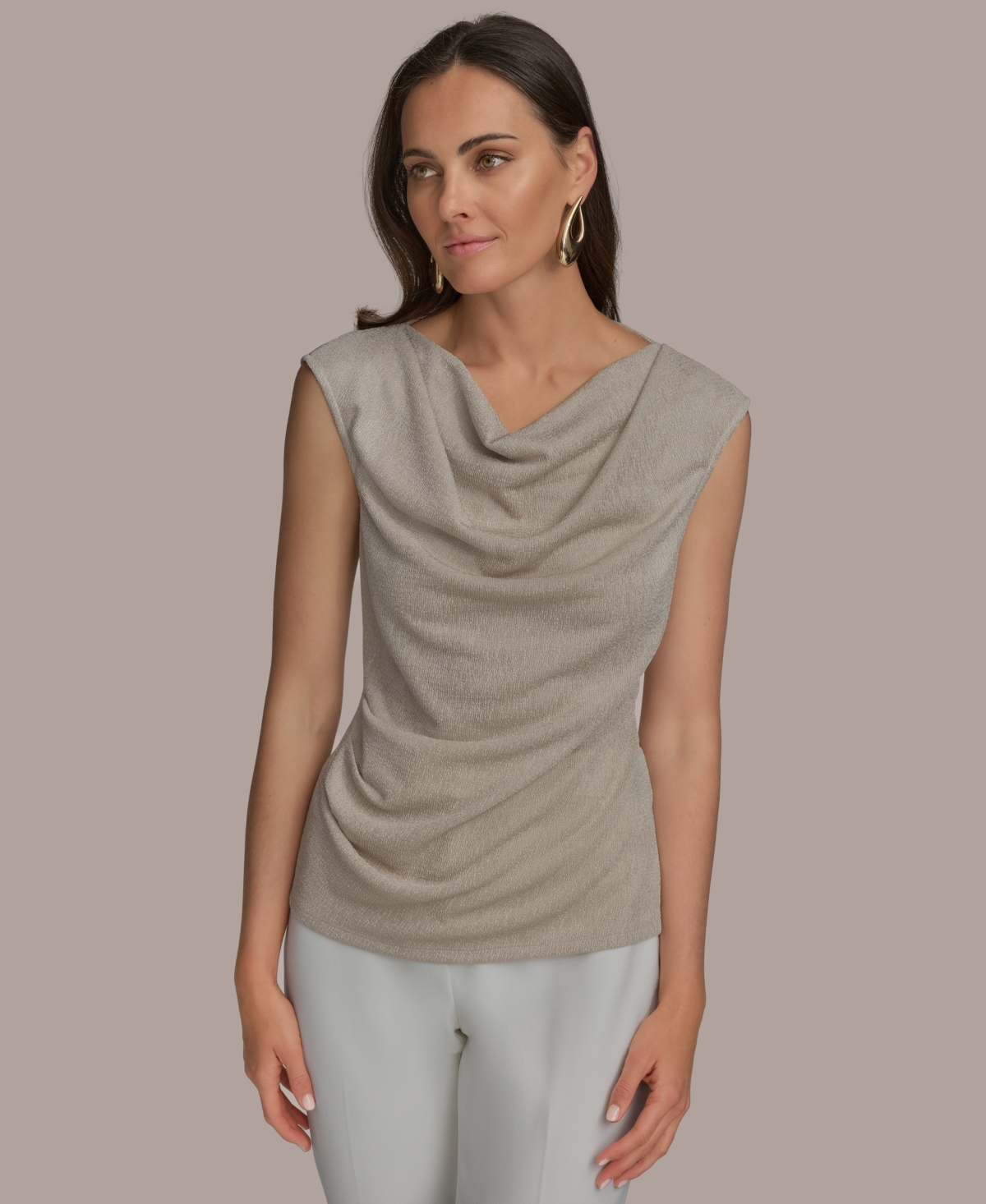 Shop Donna Karan Women's Sleeveless Drape Neck Blouse In Tuscan Grey