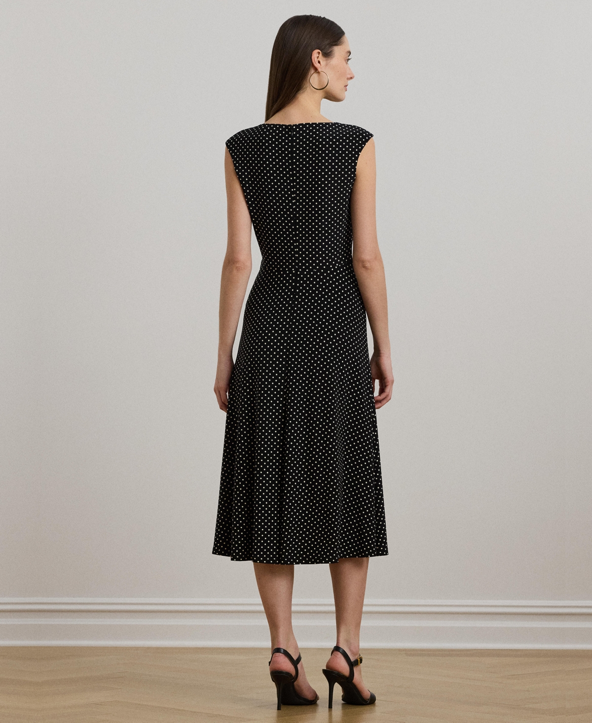 Ralph Lauren Polka-dot Twist-front Jersey Dress In Black,cream