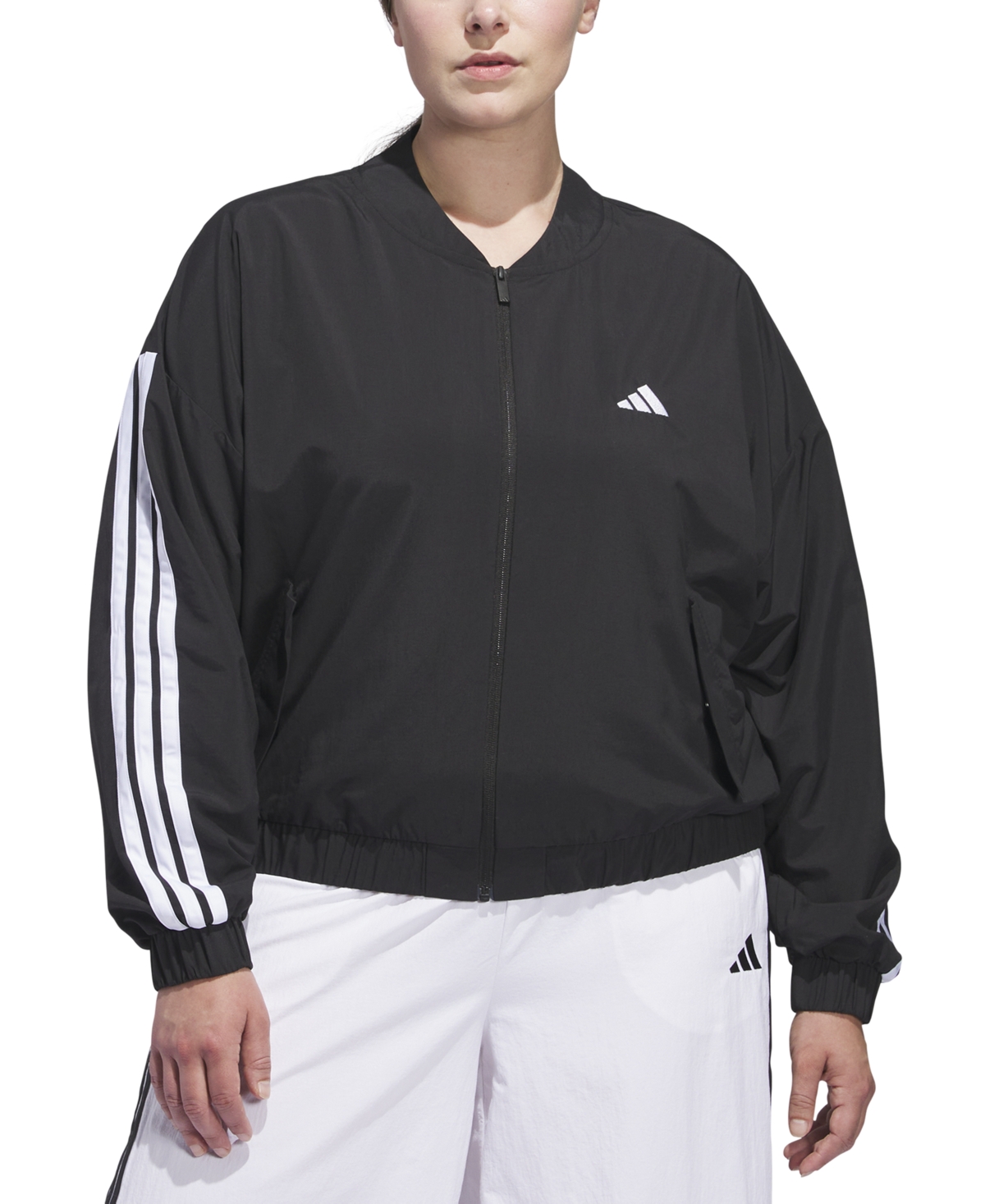 Plus Size Woven Logo Windbreaker Bomber Jacket - Black