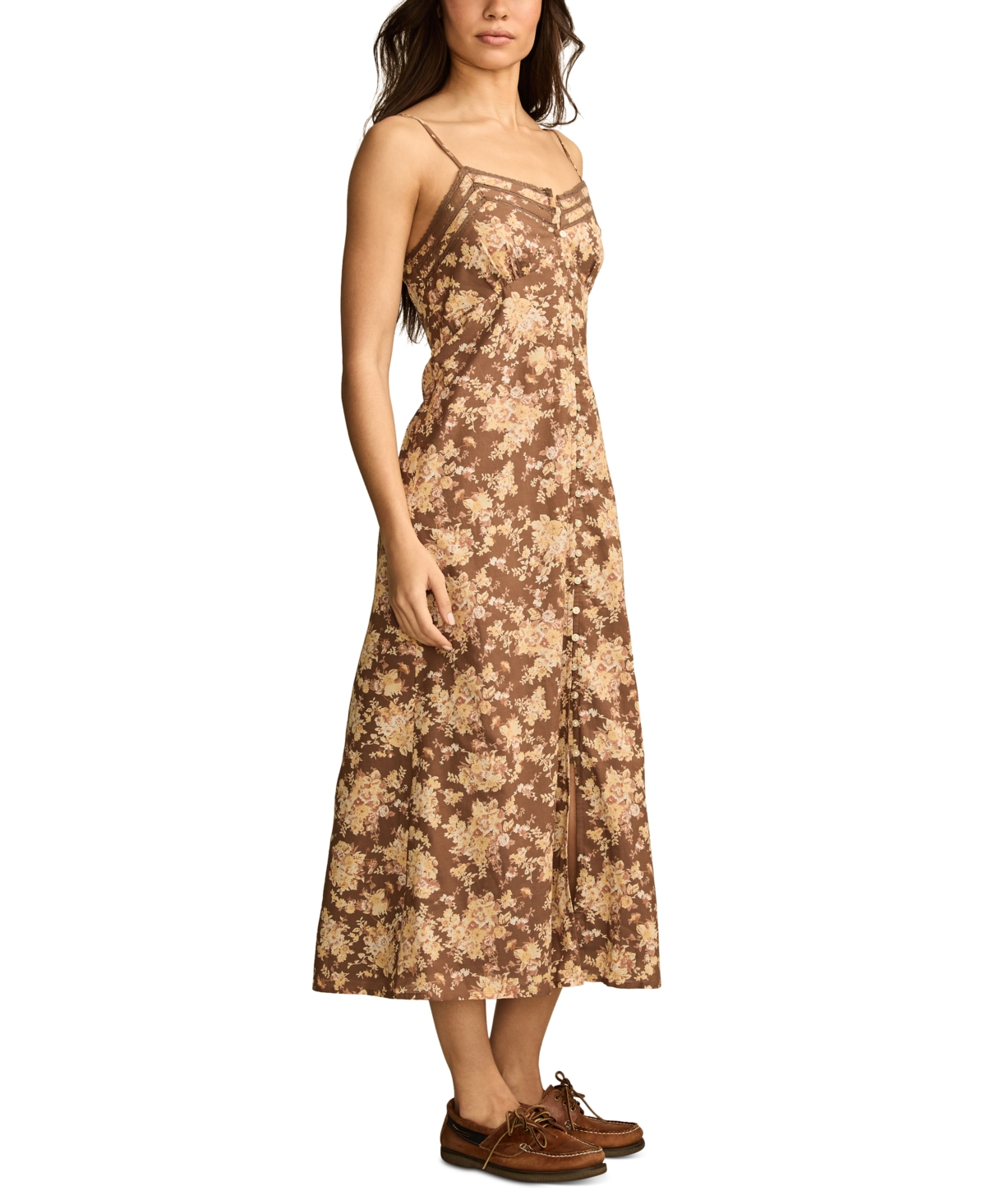 Lucky Brand Floral Lace Trim Button Front Midi Dress In Brown Floral