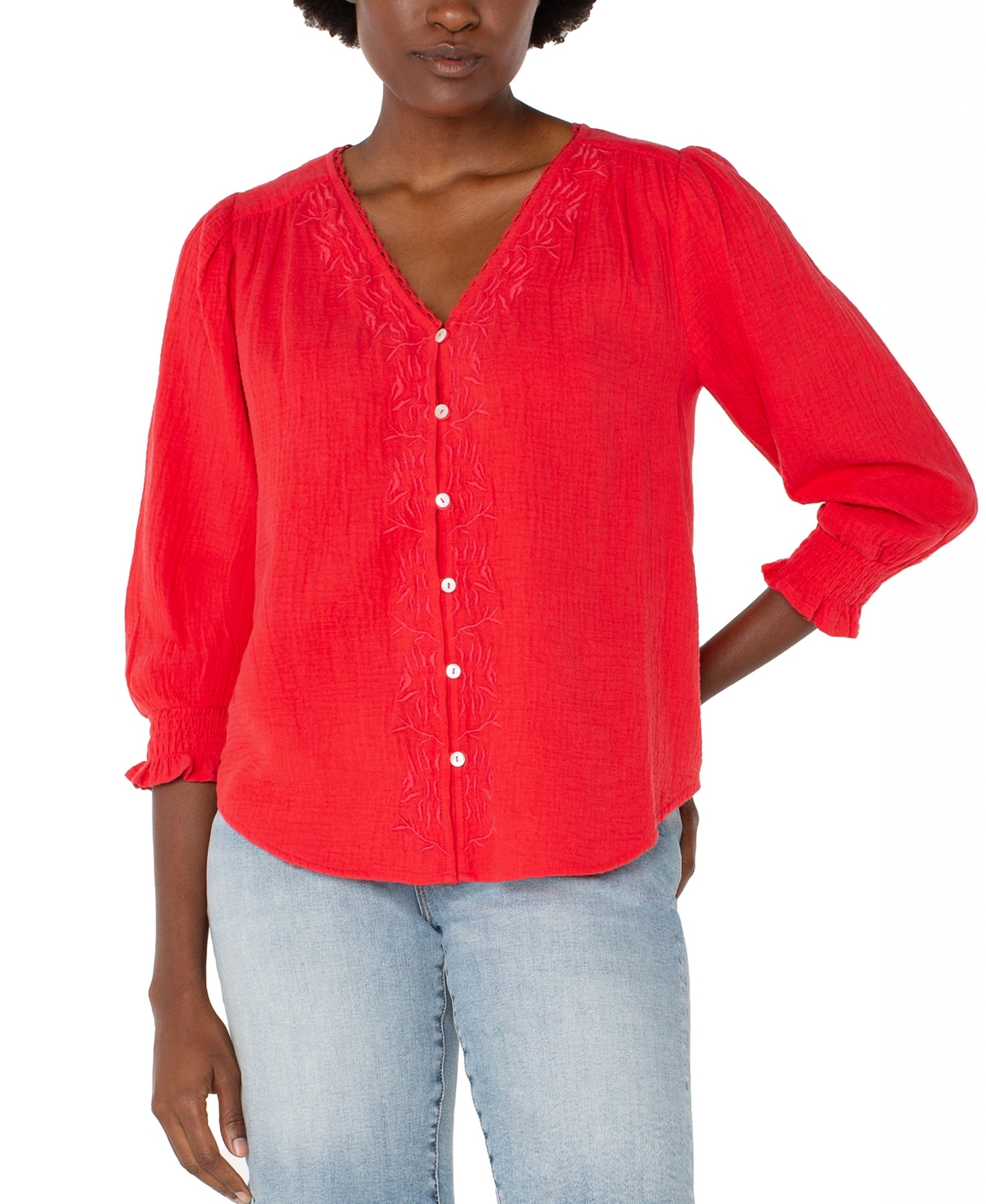 Women's 3/4 Sleeve Embroidered Top - Geranium