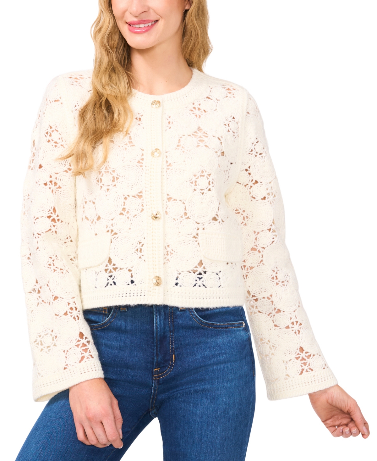 Women's Long Sleeve Embellished Cardigan Sweater - Antique White