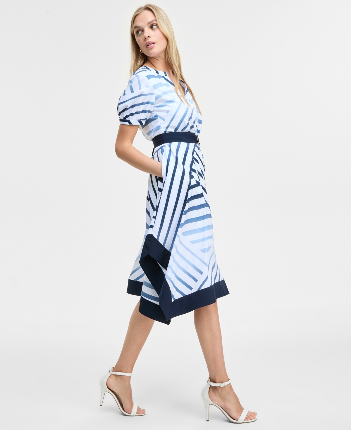 Karl Lagerfeld Women's Printed Handkerchief-hem Shirtdress In Blue