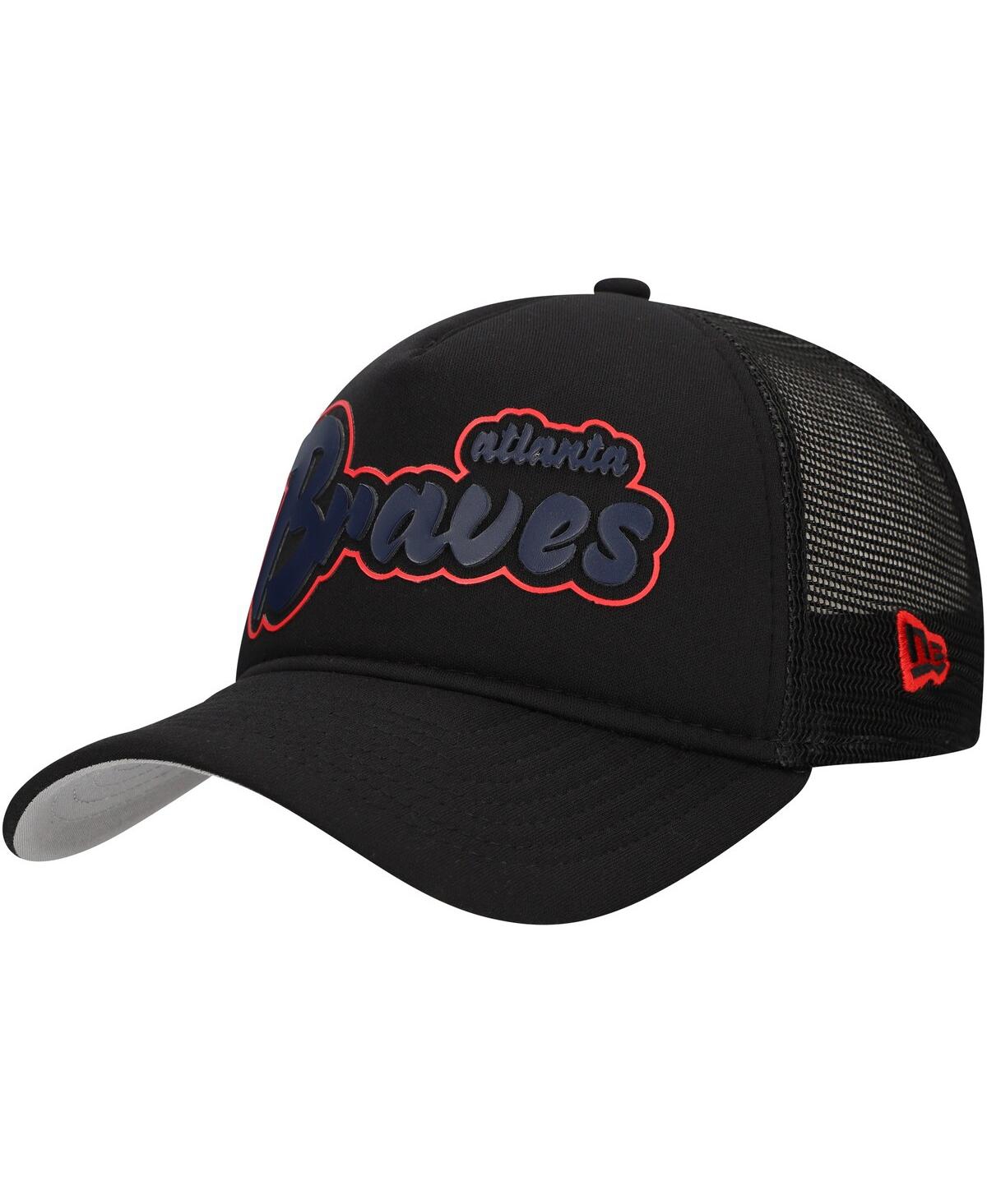 New Era Men's Black Atlanta Braves Retro Bold A-frame Trucker 9forty Adjustable Hat In Black