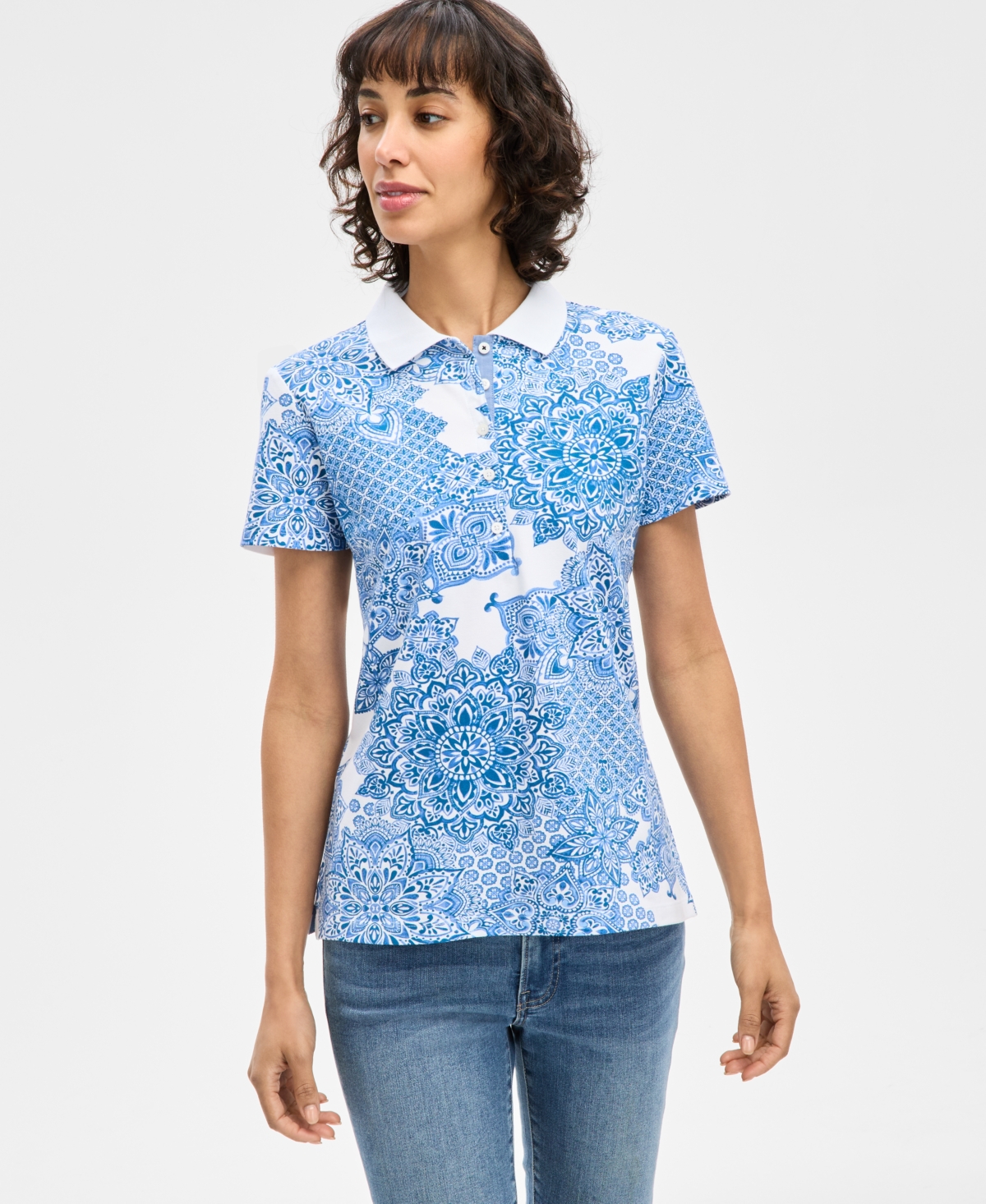 Women's Printed Polo Shirt - Bright White Multi