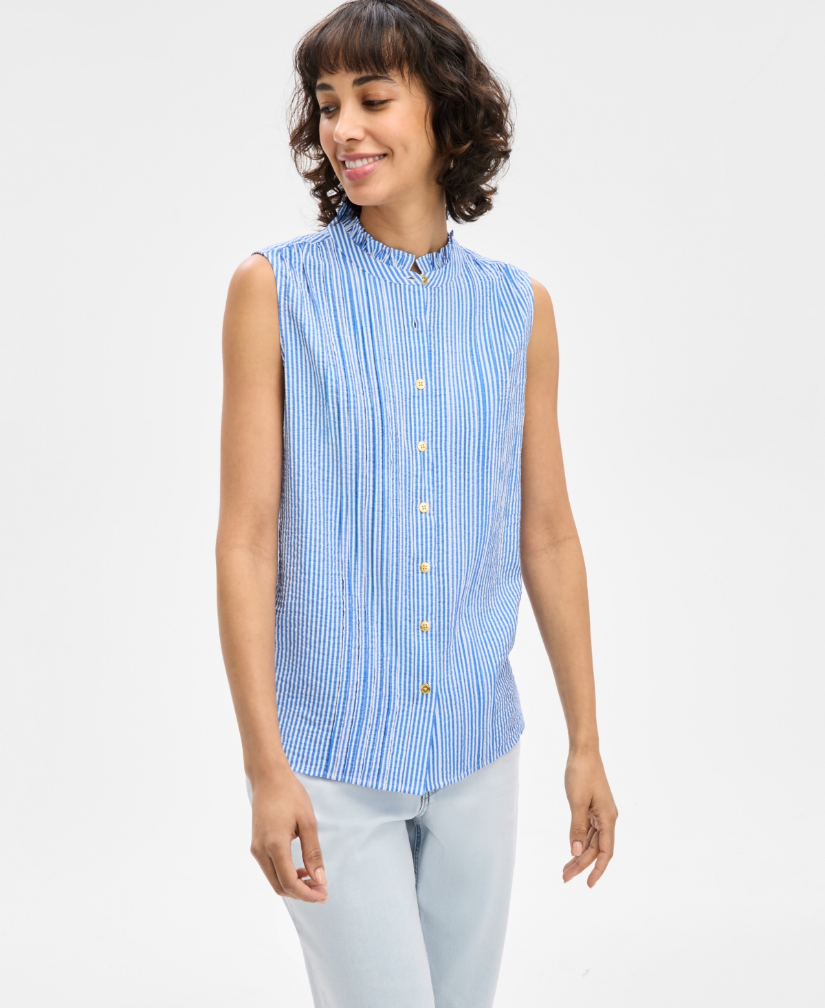 Women's Striped Ruffle-Neck Sleeveless Top - Pacific/bright White