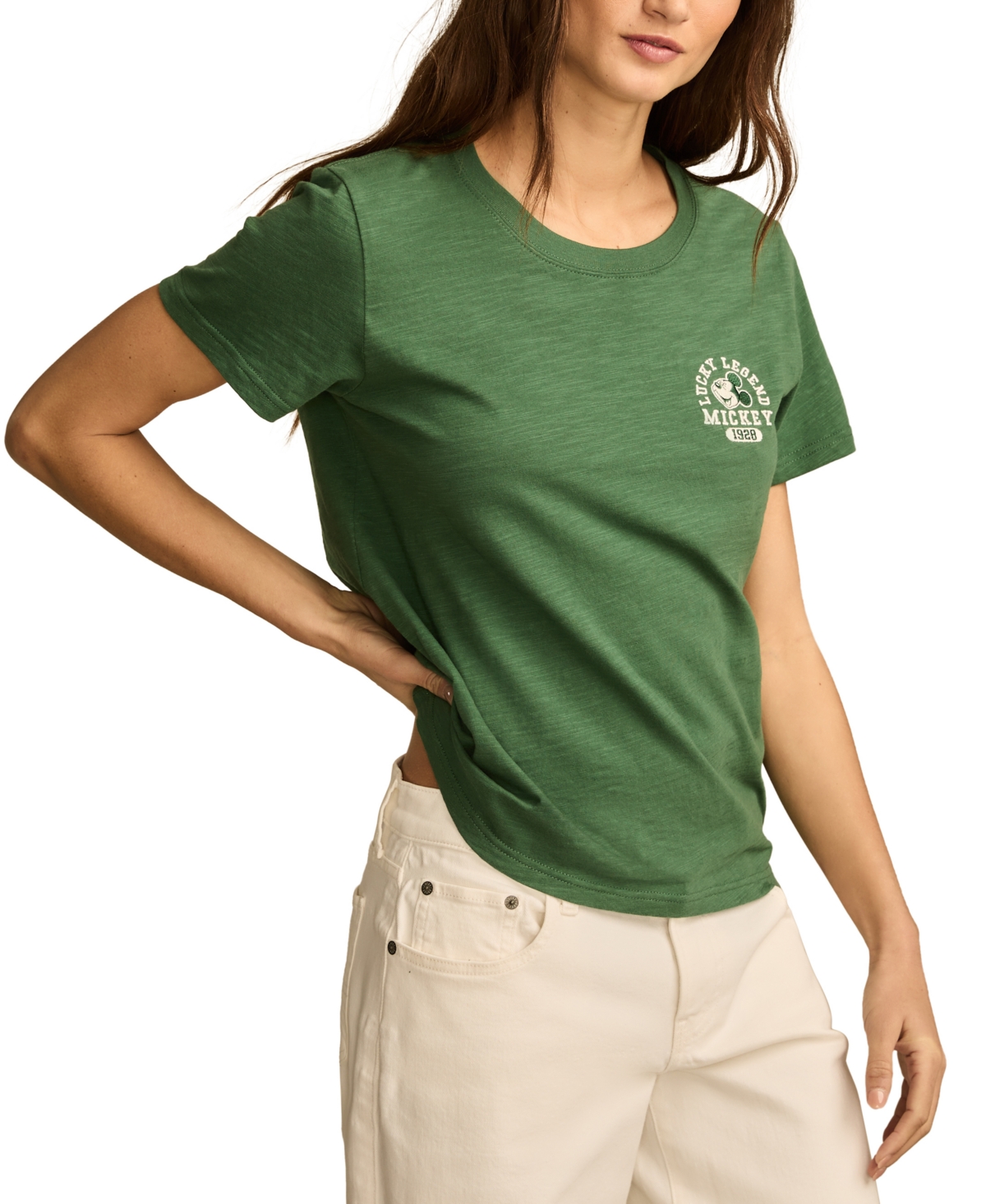 Shop Lucky Brand Women's Cotton Mickey Mouse Feel The Luck T-shirt In Green Bay