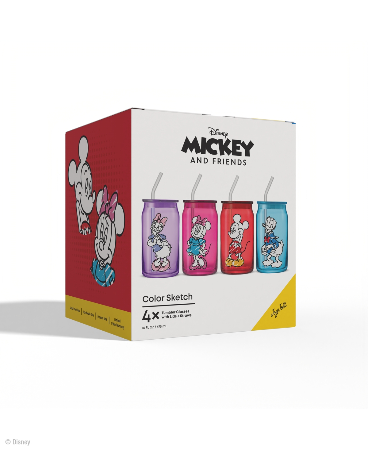 JOYJOLT DISNEY MICKEY MOUSE FRIENDS COLOR SKETCH TUMBLER GLASSES WITH LIDS, SET OF 4 