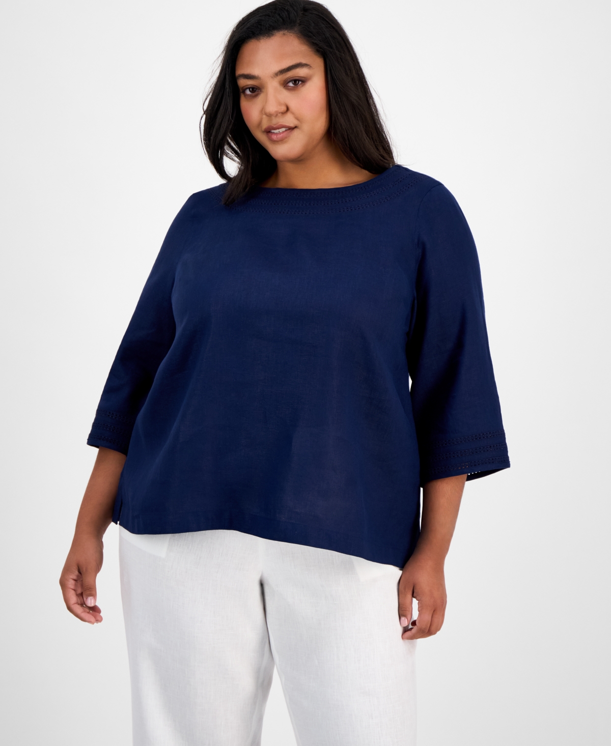 Plus Size Ladder-Trim Linen Top, Exclusively at Macy's - Intrepid Blue