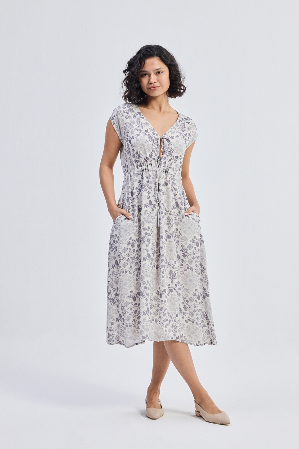 Women's Deep V-neck Gathered Dress in Florals - White