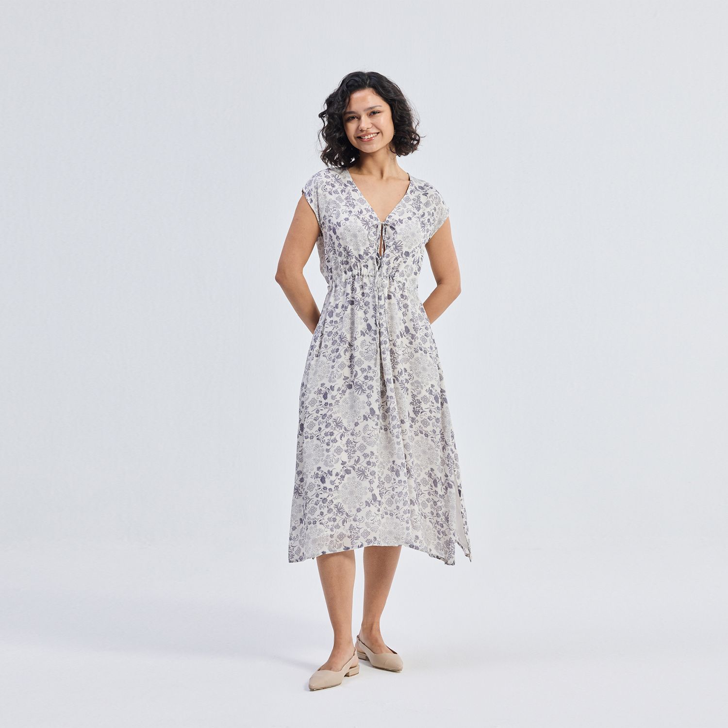 Women's Deep V-neck Gathered Dress in Florals