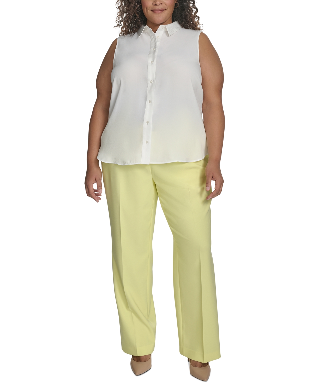 DKNY PLUS SIZE BUTTON-FRONT SLEEVELESS SATIN BLOUSE 