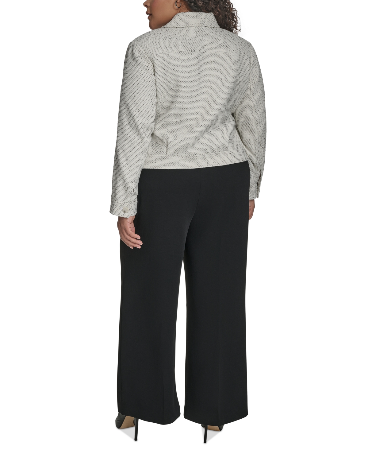 Dkny Plus Size Cropped Long-sleeve Tweed Trucker Jacket In Black