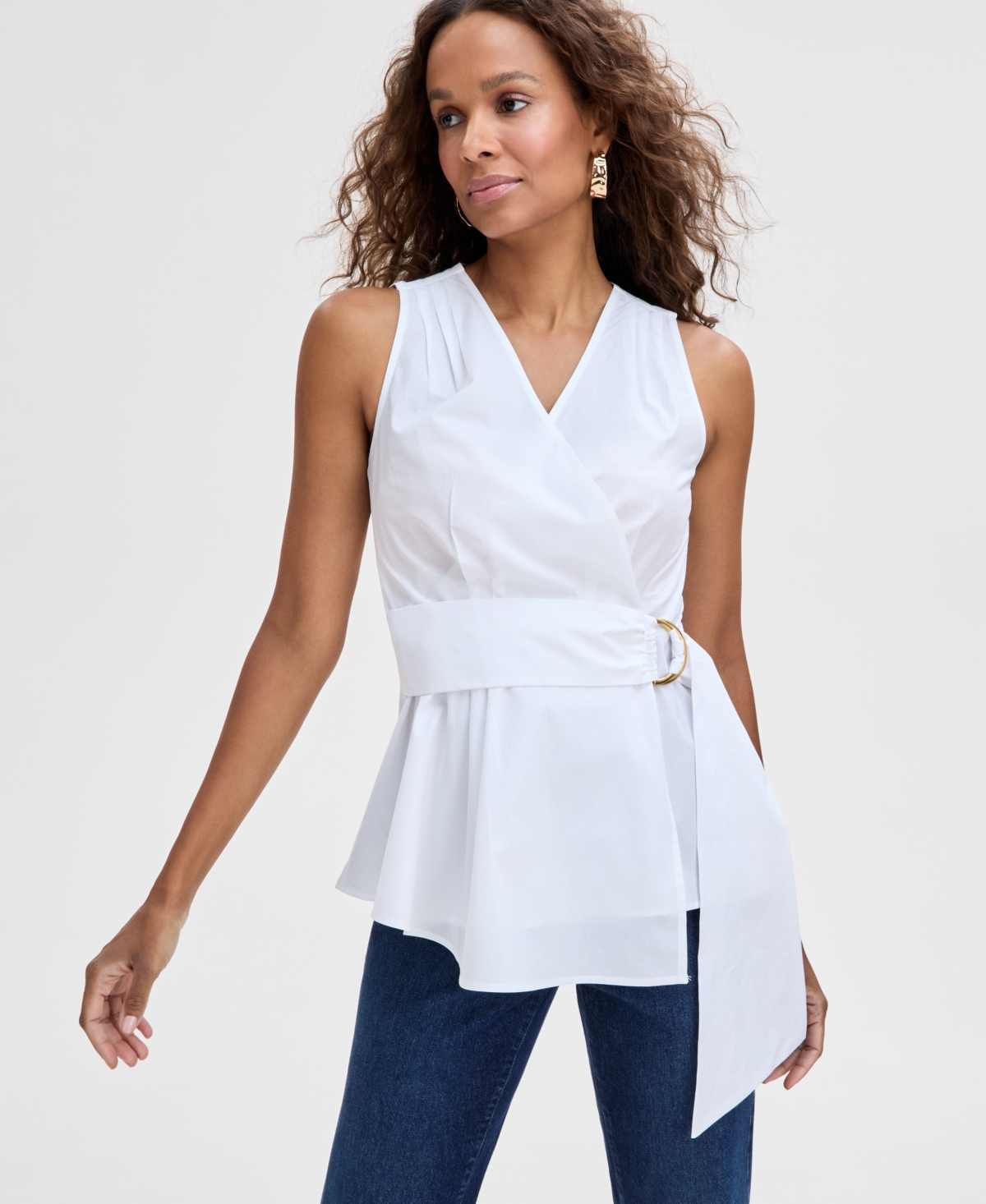Inc International Concepts Women's Cotton Belted Blouse, Exclusively At Macy's In Bright White
