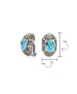 Two-Tone Bali Style Aqua Blue Oval Clip-On Earrings with Simulated Aquamarine CZ
