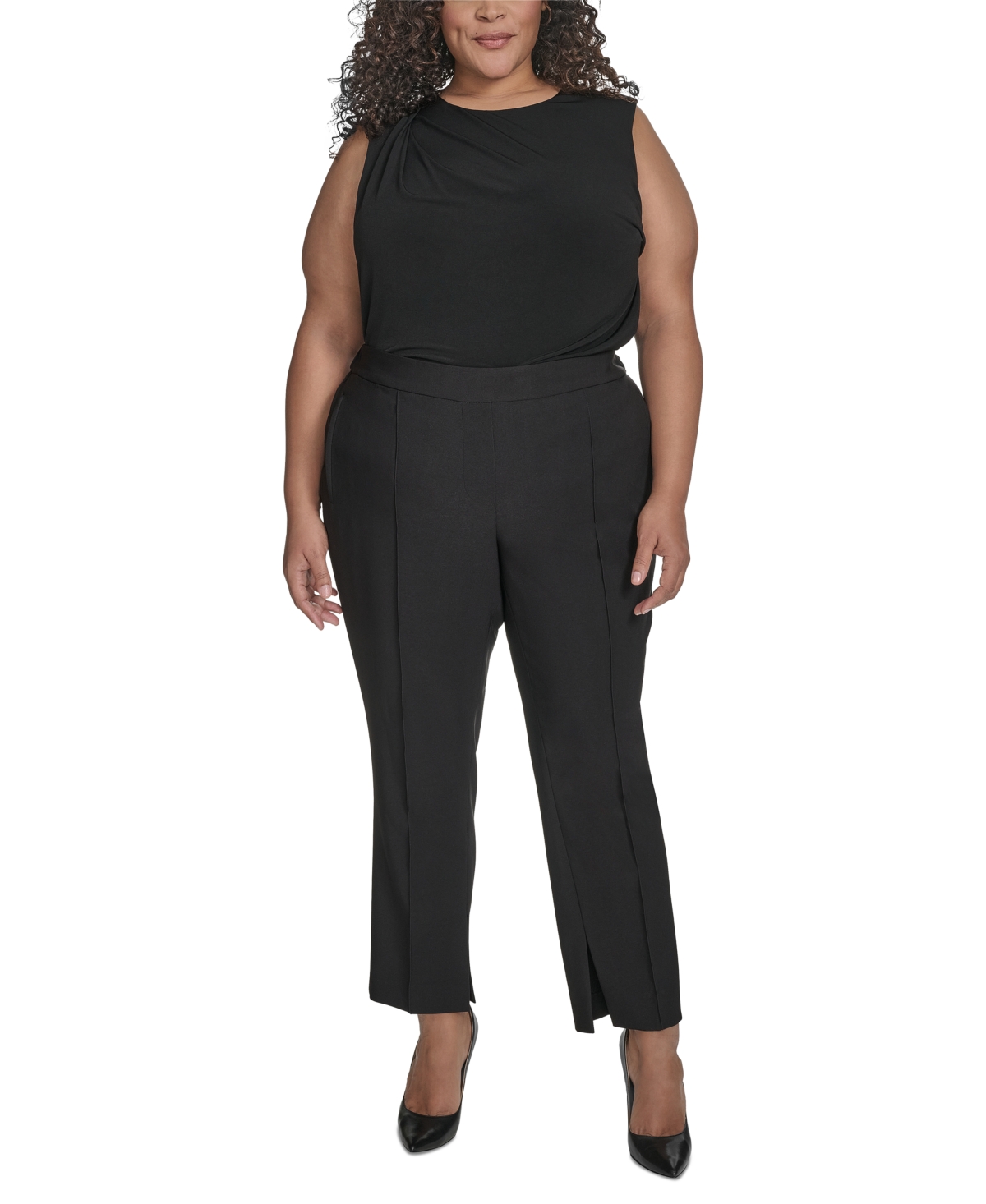 Dkny Plus Size Mid-rise Zipper-pocket Split-hem Pants In Black