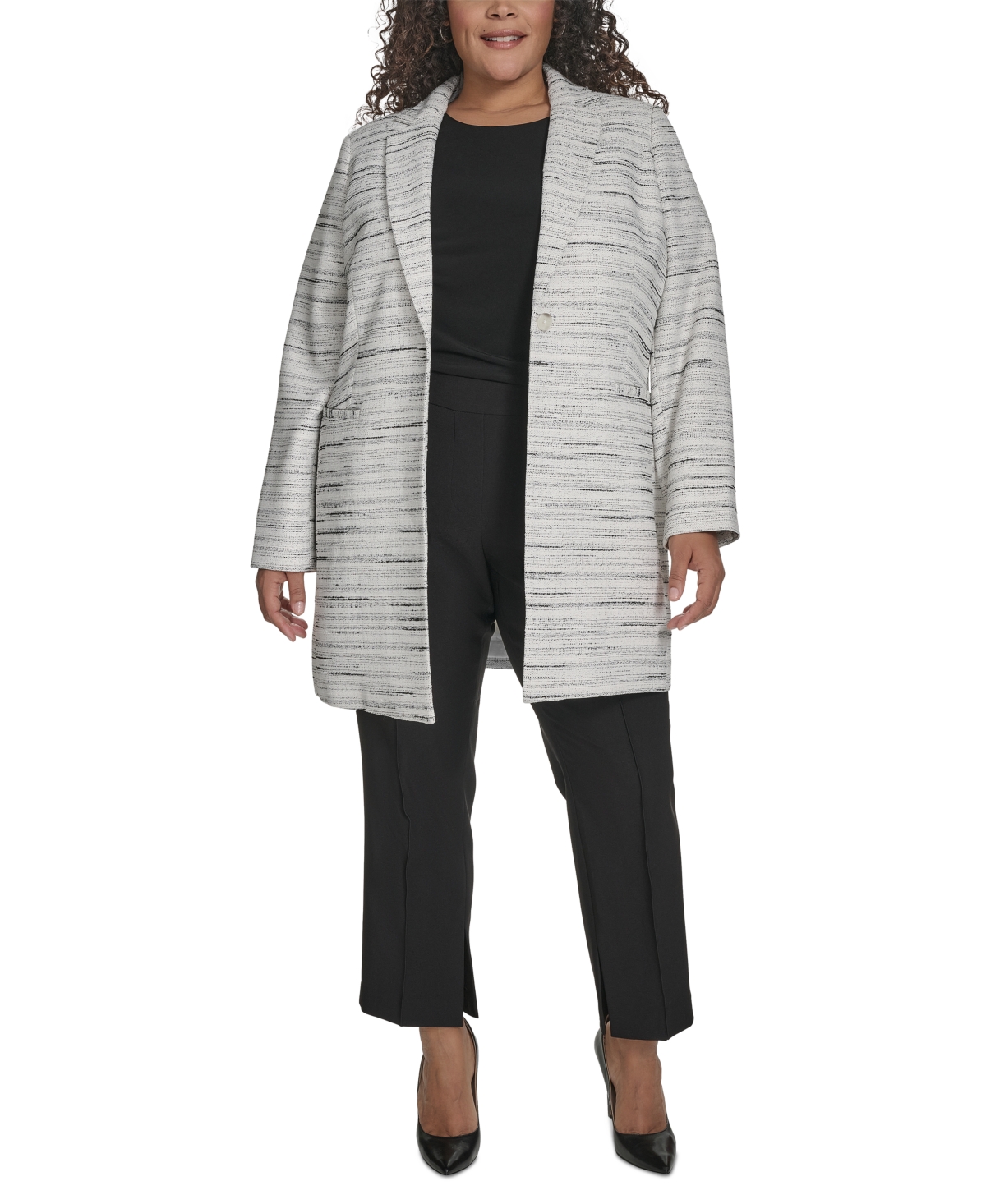 Dkny Plus Size Tweed One-button Notch-collar Topper In Ivory,black
