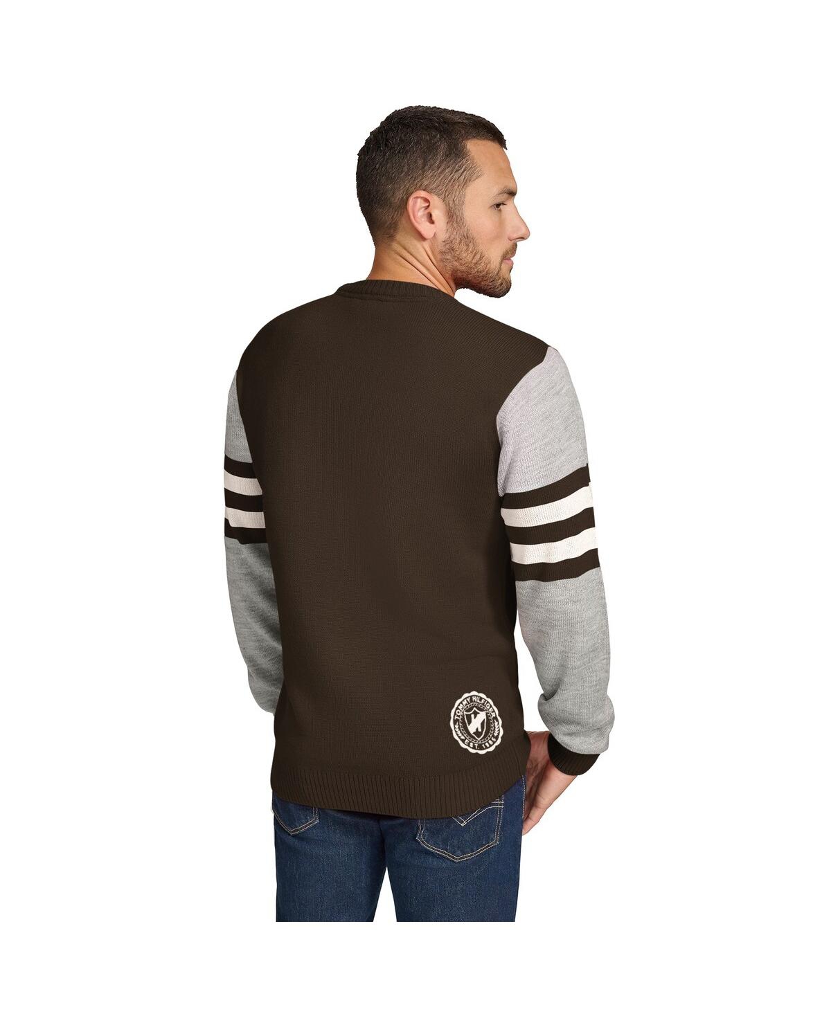 Shop Tommy Hilfiger Men's Brown/heather Gray Cleveland Browns Acrylic Crewneck Pullover Sweatshirt In Brown,heather Gray