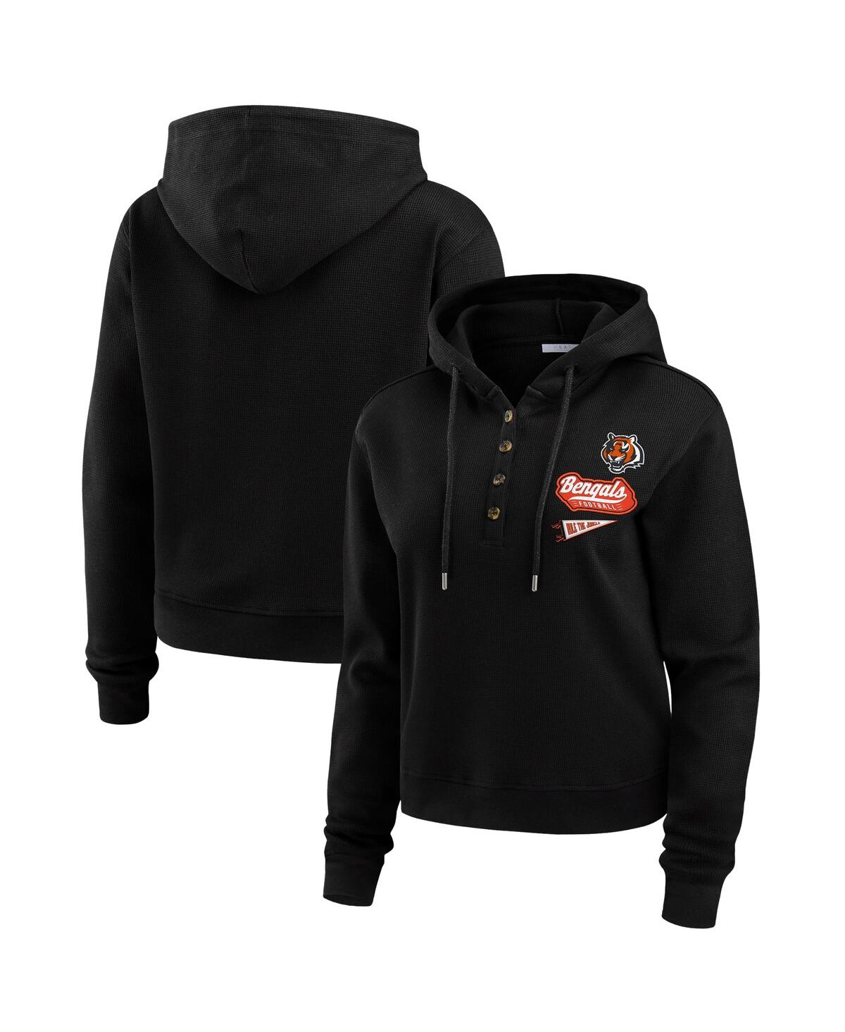 Women's Black Cincinnati Bengals Waffle-Knit Pullover Hoodie - Black