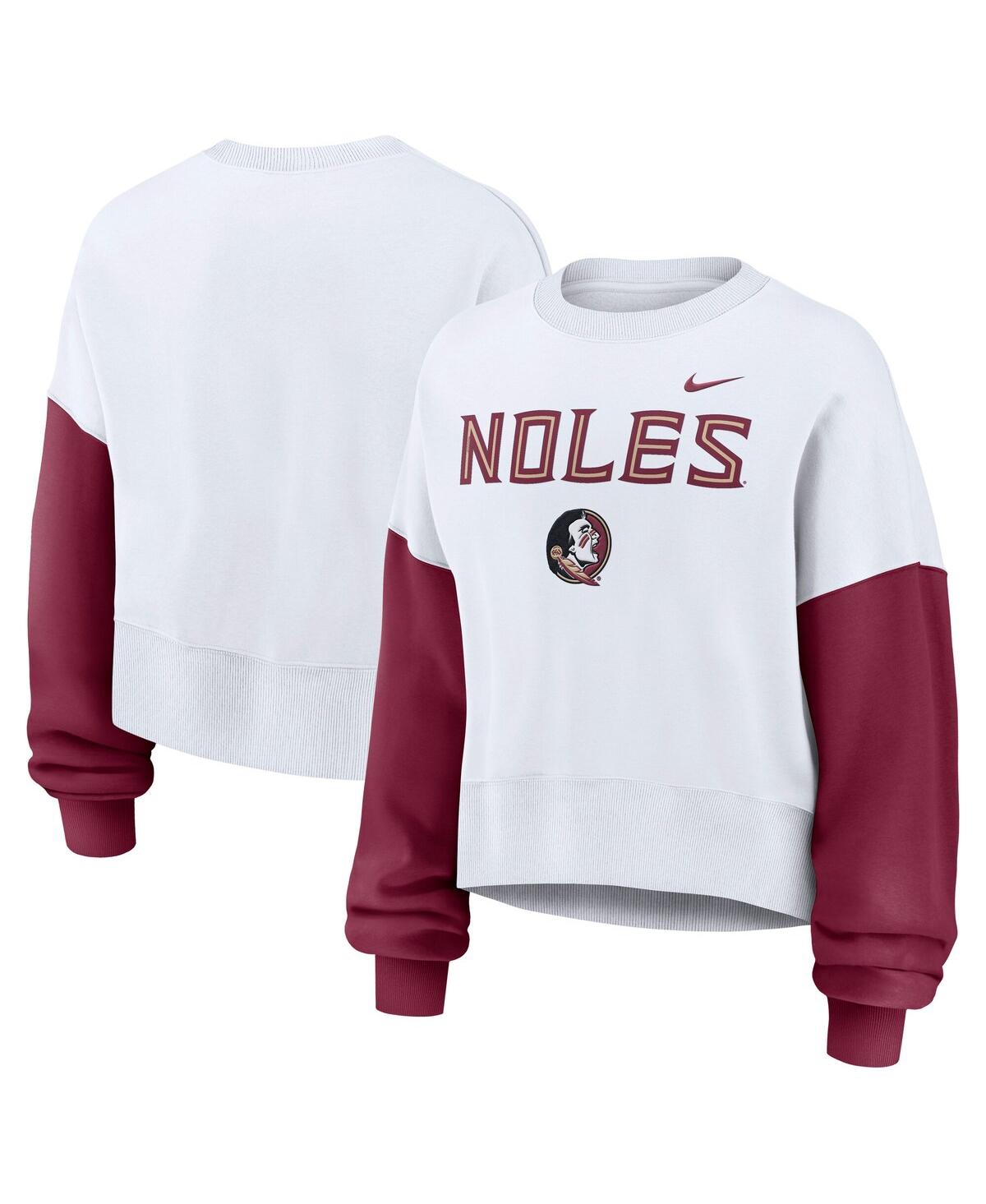 Nike Women's White Florida State Seminoles Color Block Oversized Cropped Pullover Sweatshirt In White