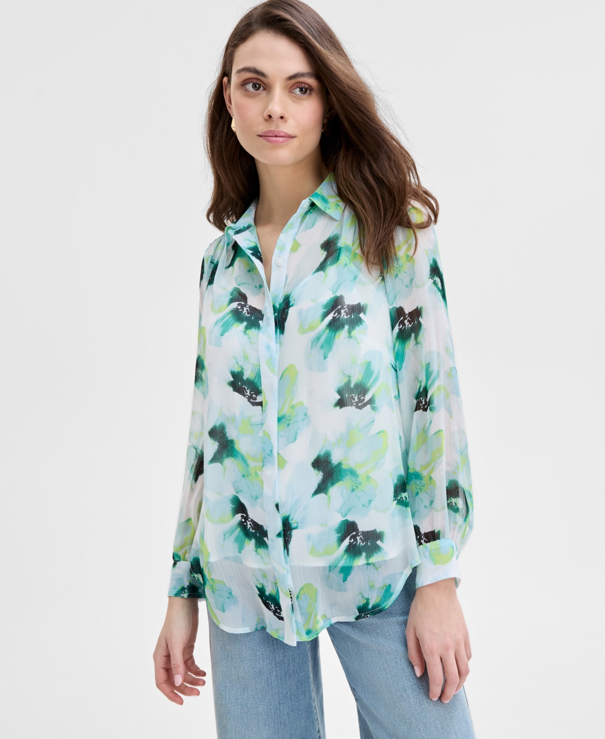 Inc International Concepts Women's Floral-print Blouse, Exclusively At Macy's In Green