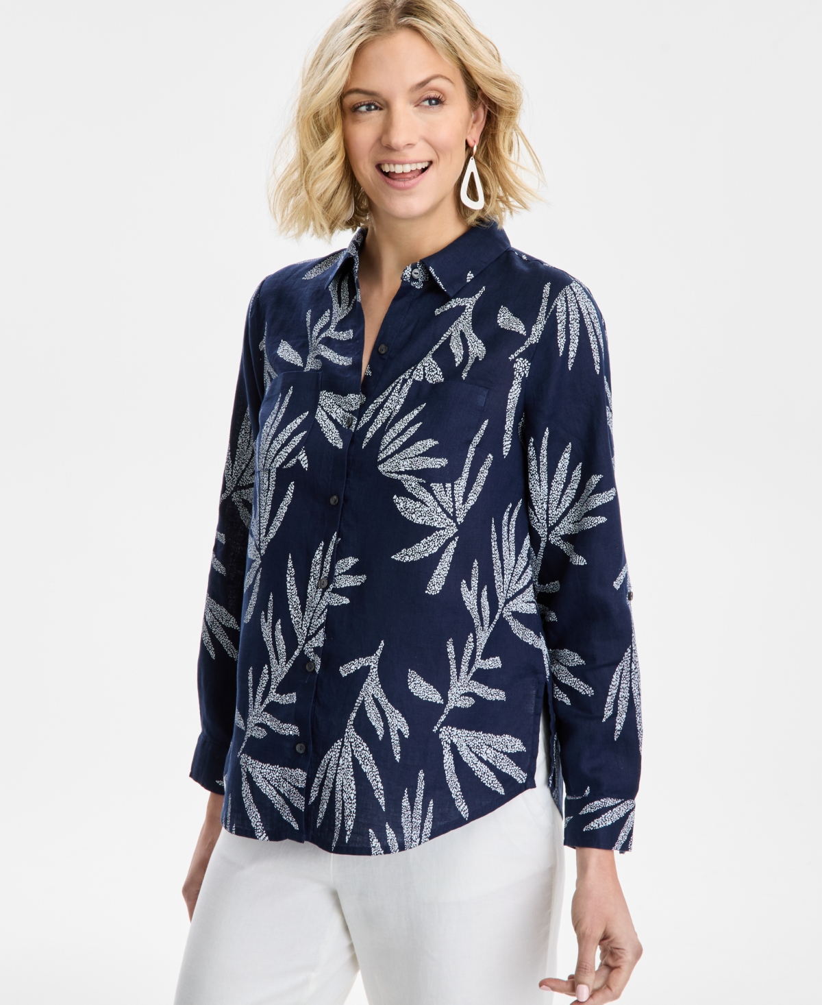 CHARTER CLUB WOMEN'S TEXTURED-PALM BUTTON-DOWN 100% LINEN TOP, EXCLUSIVELY AT MACY'S 