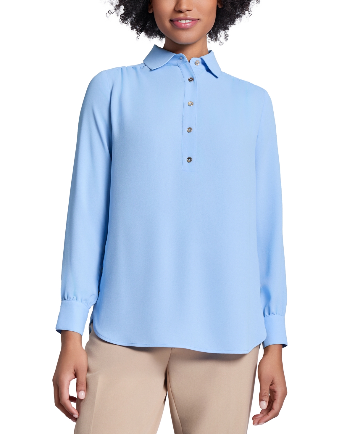 Petite Button-Side Collared Top - Pacific Navy