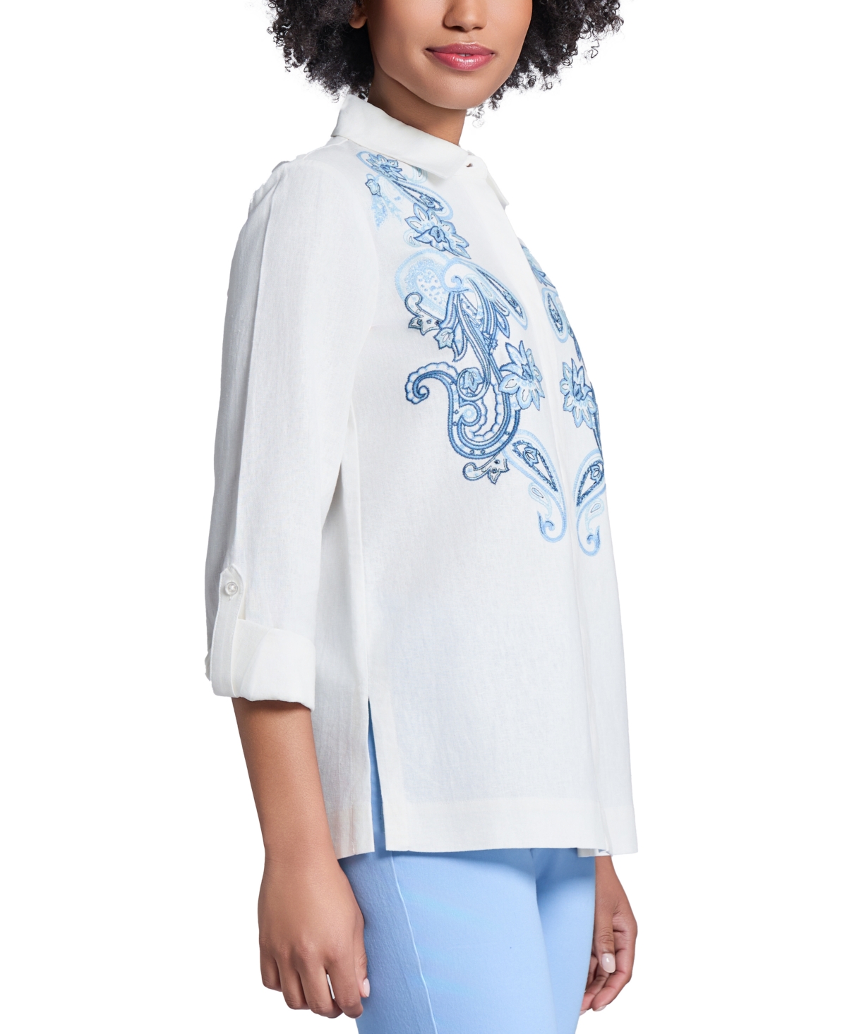 Jones New York Paisley Embroidered Linen Blend Button-up Shirt In Nyc White