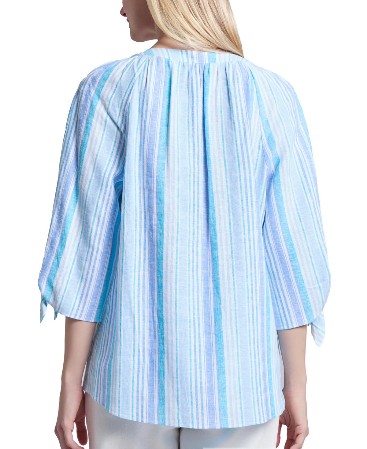 Jones New York Stripe Three Quarter Sleeve Linen Blend V-neck Top In Tbd Multi Stripe