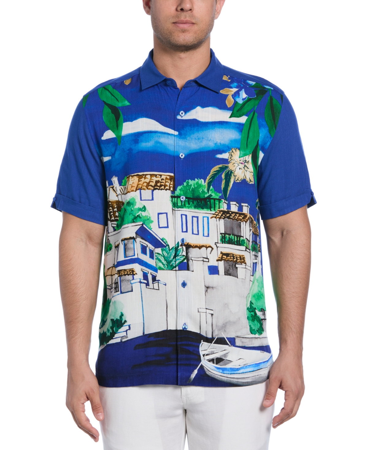Men's Scenic Print Short Sleeve Button-Front Shirt - Dress Blues