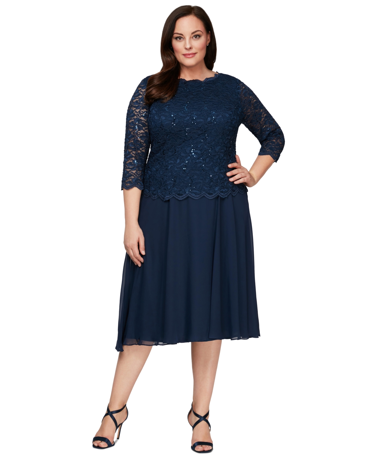 Alex Evenings Plus Size Sequined Lace A-line Dress In Navy