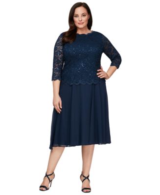 Alex Evenings Plus Tea-Length Dress with Sequin Lace Bodice & Chiffon Skirt NAVY / 14W