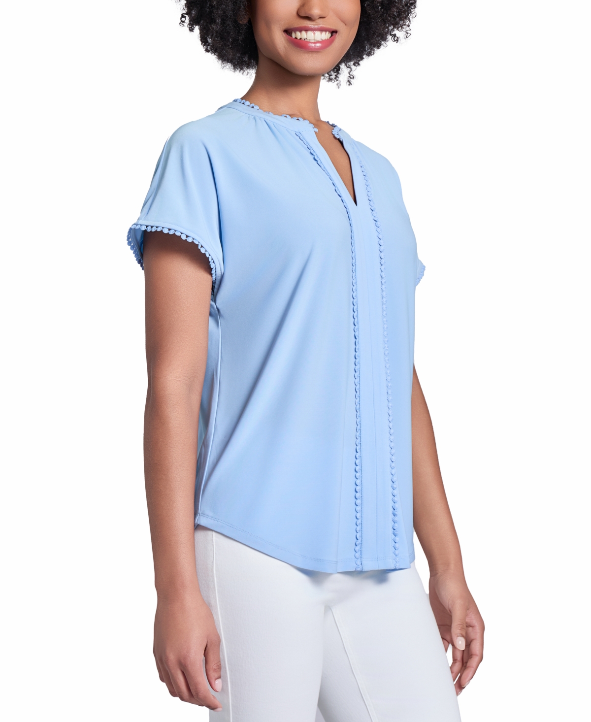 Jones New York Lace Trim Split Neck Top In Chintz Blue